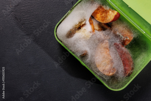 Tableau sur toile Green lunch box with moldy apple slices showing white fluffy mold on the fruits