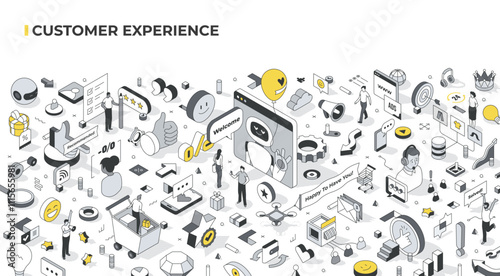 Customer Experience. Various scenes with tiny people depicting customer interactions with a brand and its influence on emotions and perceptions. Quality, satisfaction, loyalty, branding, impressions