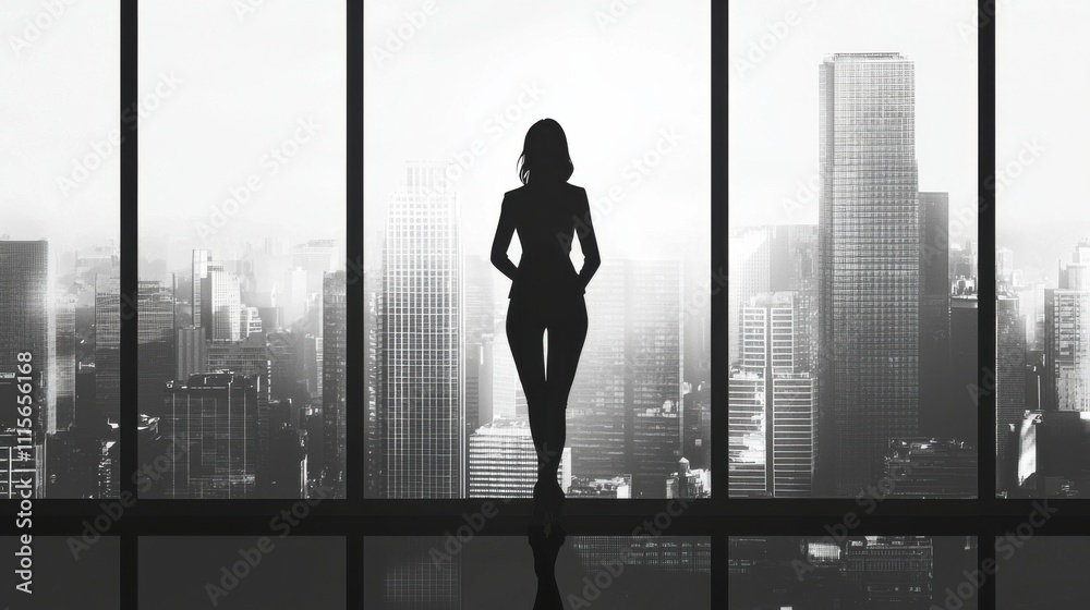 Fototapeta premium A silhouette of a confident professional standing in front of a floor-to-ceiling window overlooking a city skyline in black and white