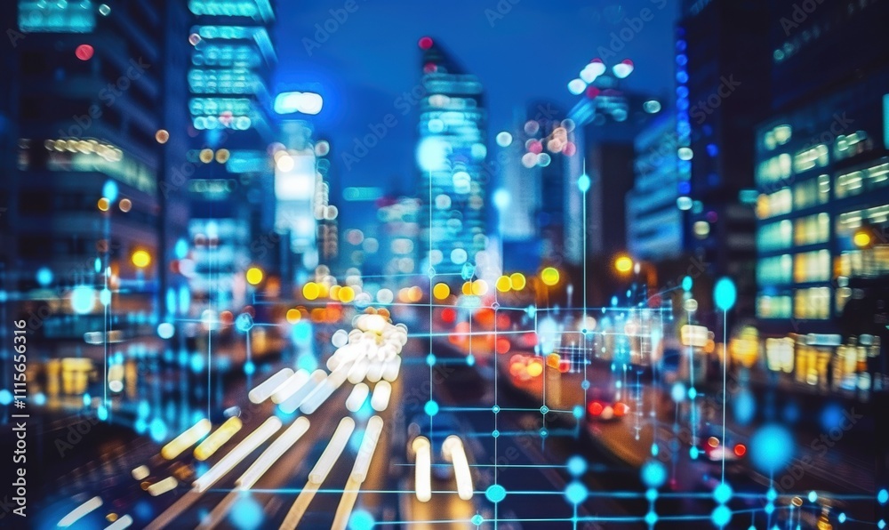 Obraz premium A cityscape at night with digital overlays representing technology.