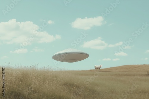 UFO Over Rural Landscape: A surreal, dreamy scene of a UFO hovering silently over a tranquil field, a lone cow grazing peacefully in the foreground. photo