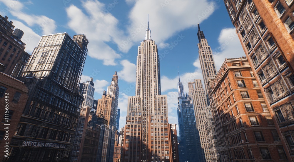 Naklejka premium The iconic Wall Street, featuring towering skyscrapers and bustling financial institutions. This cityscape highlights the center of global investment and finance, with architectural marvels shaping th