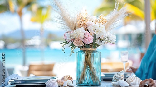   A vase brimming with blooms perched atop a table, alongside a plate and another vase of flowers