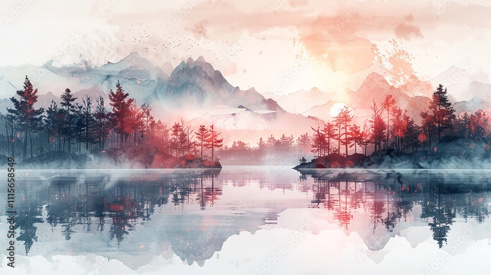 Obraz premium A watercolor foggy Lake and mountain landscape Green trees in Japanese style, Generative Ai.
