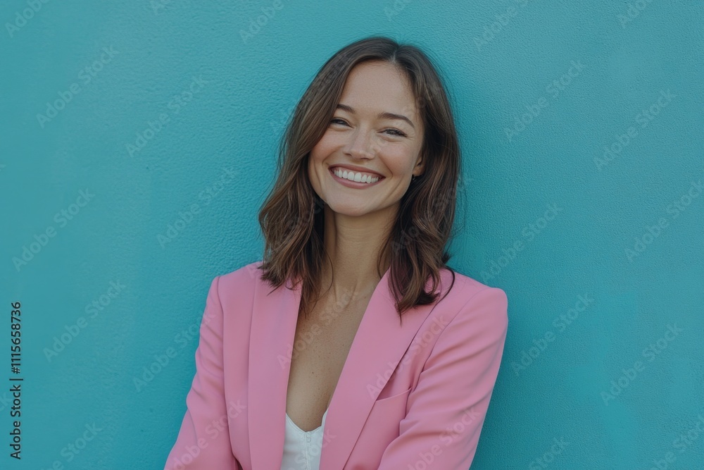Obraz premium Woman in Pink Jacket Leaning Against Blue Wall