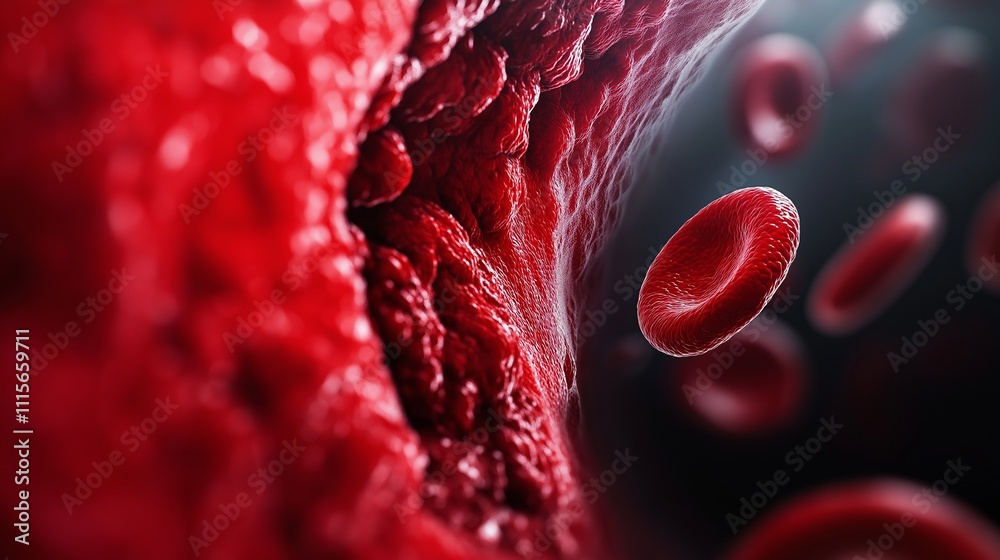 Fototapeta premium microscopic view of cholesterol plaque buildup within an artery, with vivid details showing how it restricts blood flow