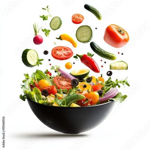 A salad with tomatoes, lettuce, broccoli, and peppers in the air