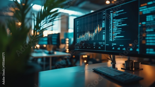 Wallpaper Mural modern office with a large digital screen displaying complex financial data, investment graphs, and business strategy insights, representing a modern investment firm Torontodigital.ca