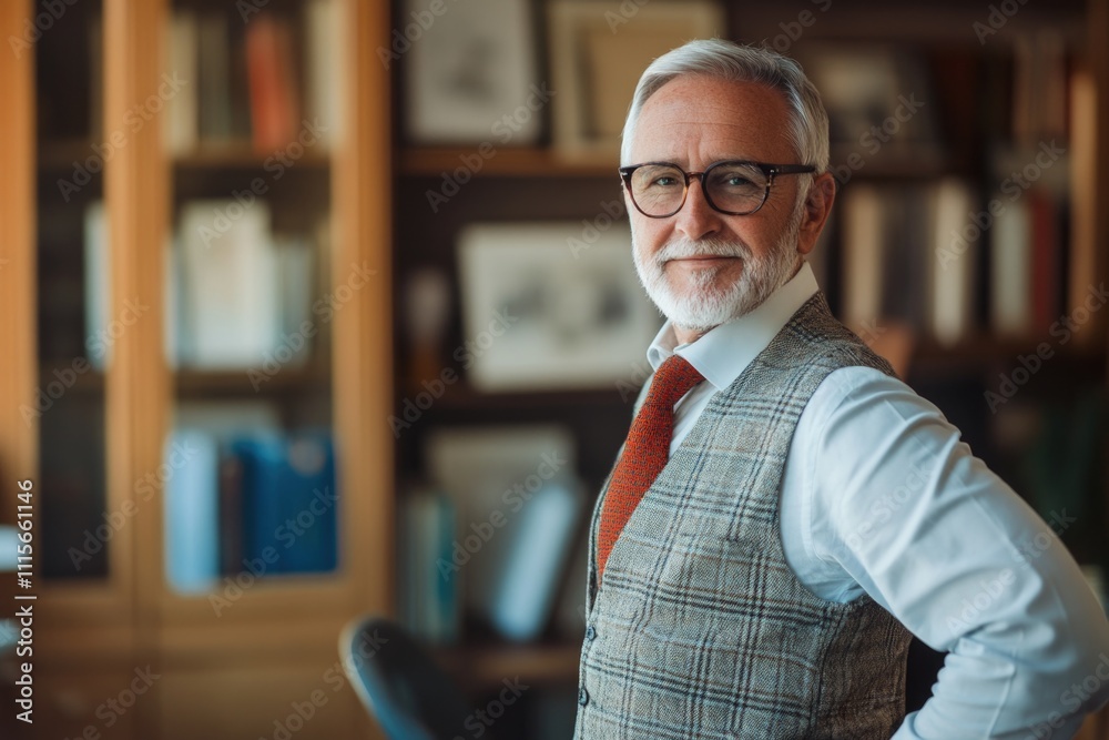 Fototapeta premium Man in Vest and Tie Standing in Front of Bookcase