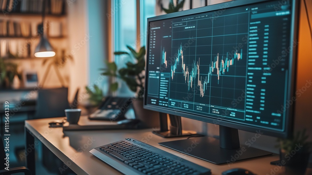 modern office with a large digital screen displaying complex financial data, investment graphs modern office with a large digital screen displaying complex financial data, investment graphs