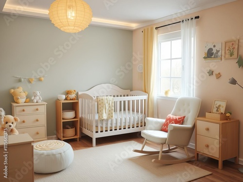 Cozy children's room with rocking chair and crib in yellow tones, children's room, sweet