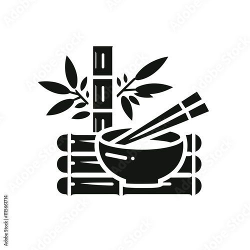 Stylized illustration of a bowl with chopsticks and bamboo, black and white, Asian cuisine concept