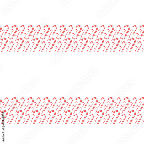 Candy cane. Paired endless horizontal border. Striped red and white lollipop. Continuous vector pattern. Isolated colorless background. Flat style. Idea for web design.
