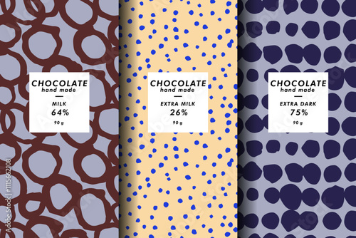 Vector set of templates contemporary abstract cover and patterns for chocolate and cocoa packaging with labels. Minimal modern backgrounds