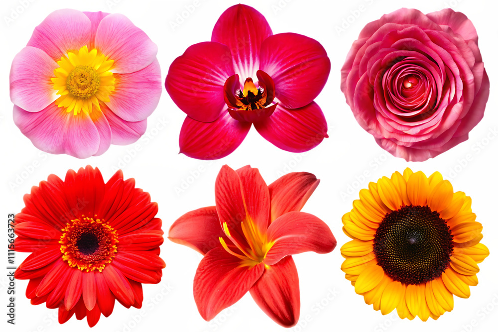 Fototapeta premium Set of flower Lily, orchid, ranunculus, sunflower, gerber head isolated on white background.AI GENERATED