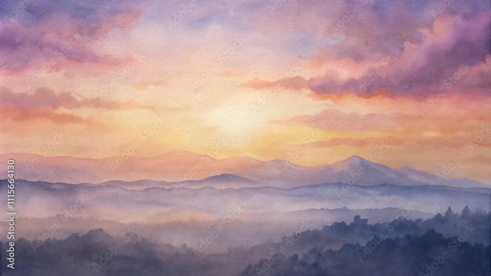 Obraz premium A painting of a mountain range with a sunset in the background