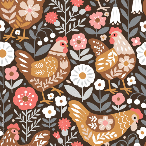 Seamless vector pattern with Scandinavian floral hen and summer flowers. Hand drawn floral background with chickens. Perfect for textile, wallpaper or nursery print design. EPS10 vector file.