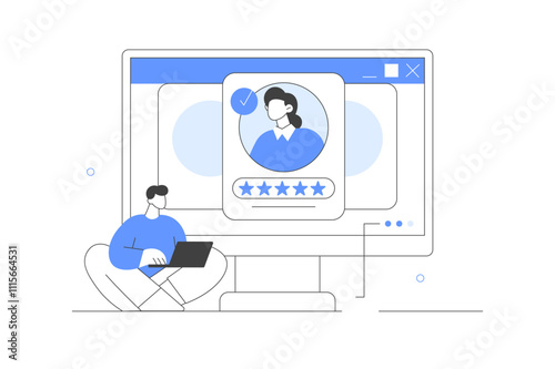 Hiring. Hr manager searching new employee, reading CV and giving job candidate review. Job recruitment process. Character applying for work position. Flat Cartoon Vector Illustration, icon. Stylish 