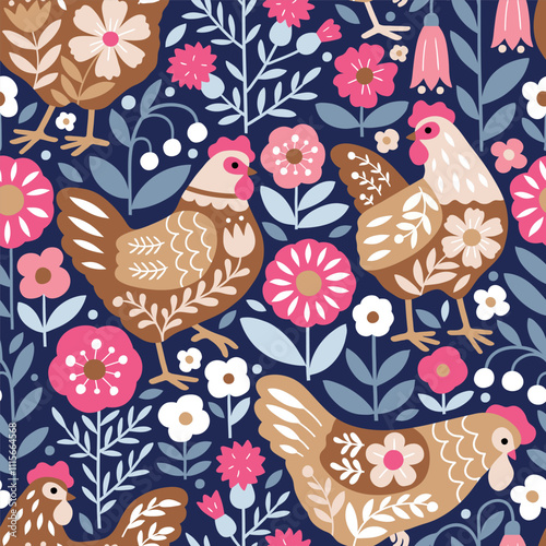 Seamless vector pattern with Scandinavian floral hen and summer flowers. Hand drawn floral background with chickens. Perfect for textile, wallpaper or nursery print design. EPS10 vector file.