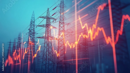 Power lines with rising and falling stock market graph overlay.