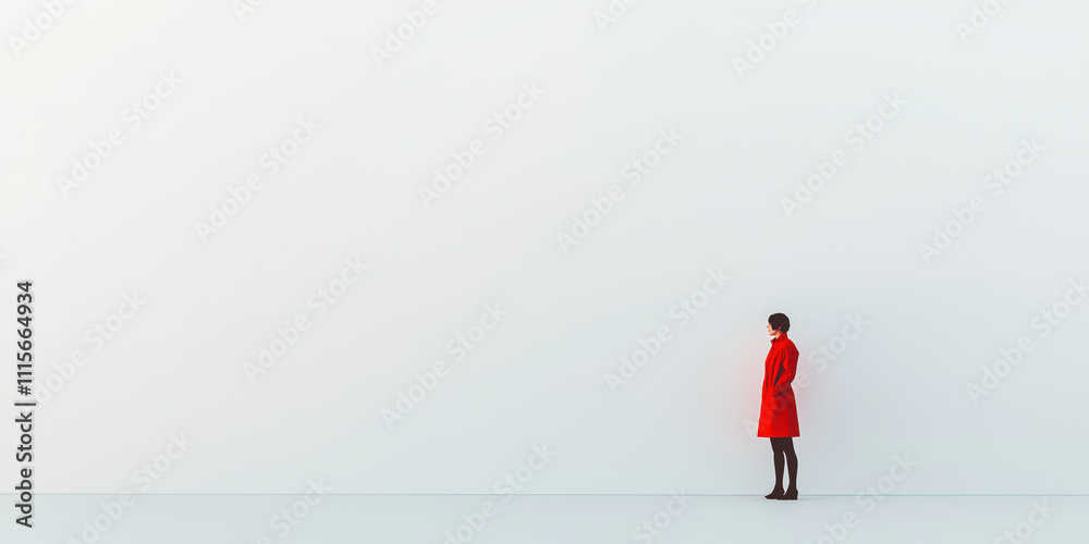 Fototapeta premium Female in red coat stands against expansive white wall in minimalist setting