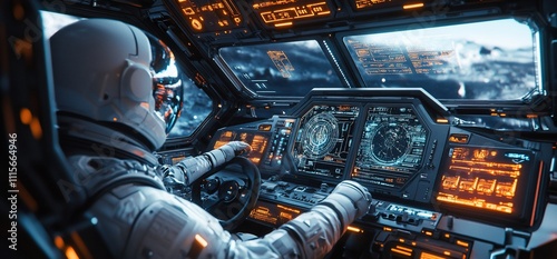 Astronaut piloting a futuristic spacecraft in a high-tech cockpit.