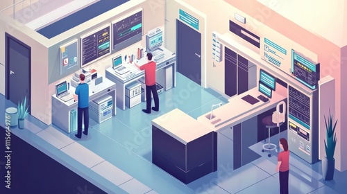 Modern Laboratory Interior with Technicians Working on Advanced Equipment, Featuring Screens and High-Tech Devices in a Sleek, Bright Environment