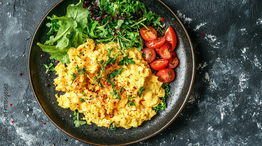 Delicious breakfast plate with scrambled eggs and fresh greens Delicious breakfast plate with scrambled eggs and fresh greens