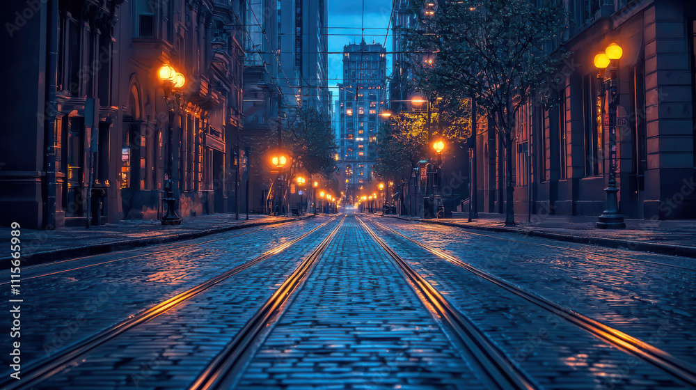 Obraz premium Empty cobblestone street with glowing city lights at dusk