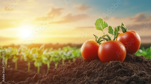 Ripe red tomatoes growing on the vine, a closeup of garden fresh produce