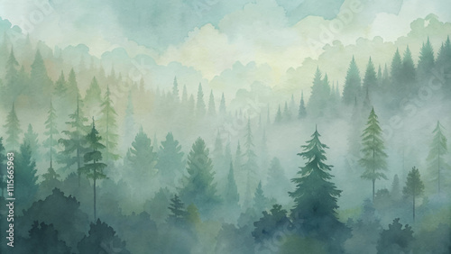A forest with trees and fog