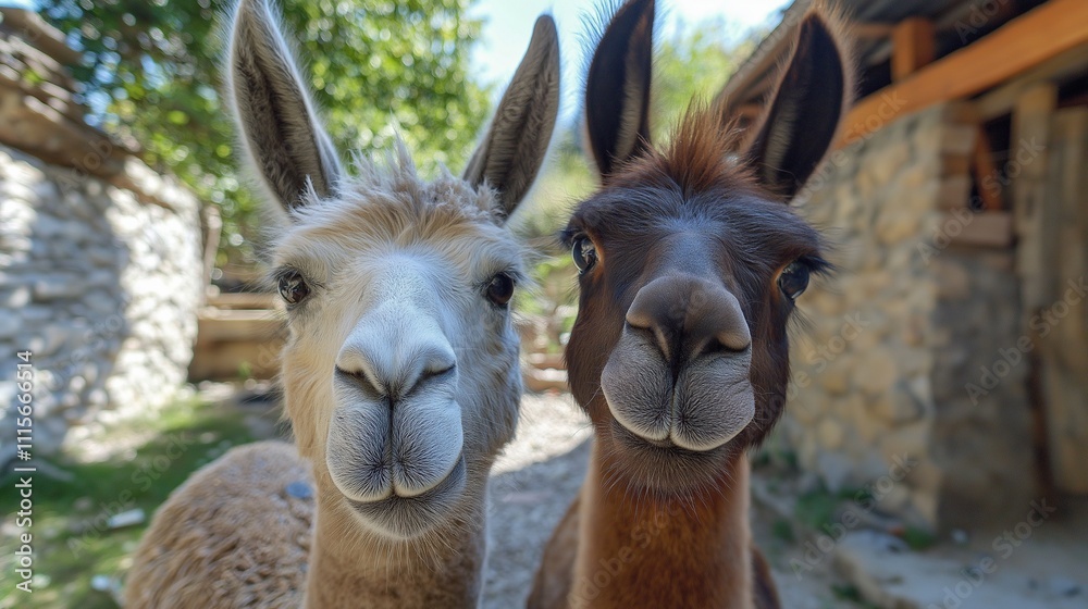 Obraz premium The alpaca looks into the camera lens, close-up of the funny muzzle