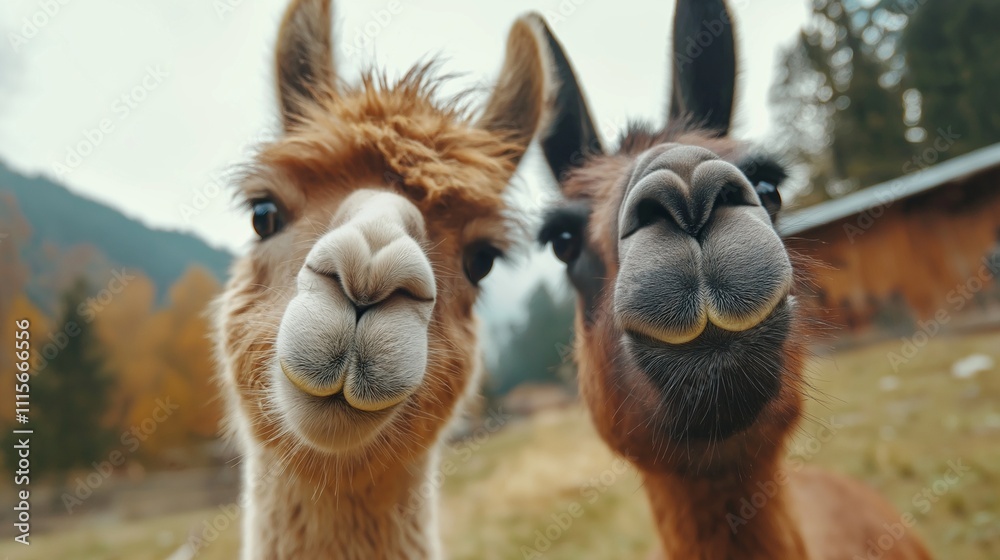 Fototapeta premium The alpaca looks into the camera lens, close-up of the funny muzzle