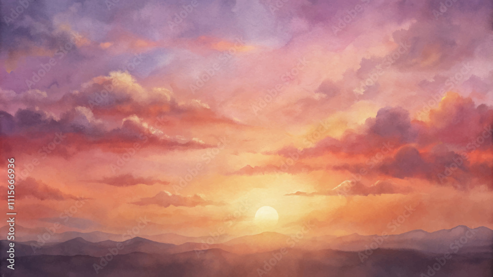Fototapeta premium A painting of a sunset with a large sun in the sky
