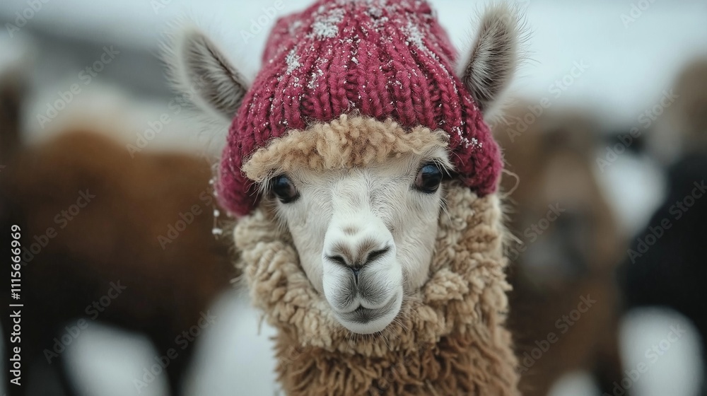 Fototapeta premium The cute alpaca with knitting hat looks into the camera.