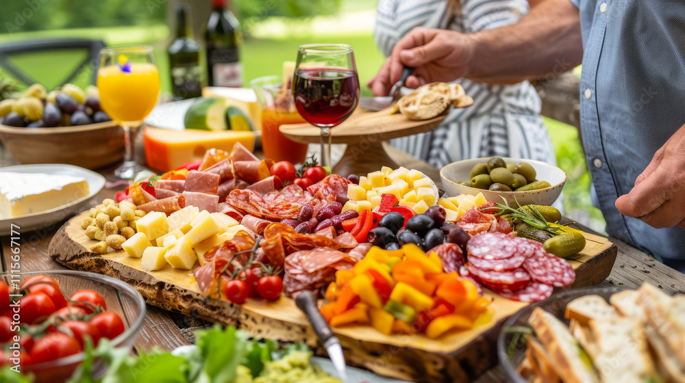 Family enjoys a delightful picnic with a charcuterie board and fresh cheeses in a beautiful outdoor setting Family enjoys a delightful picnic with a charcuterie board and fresh cheeses in a beautiful outdoor setting