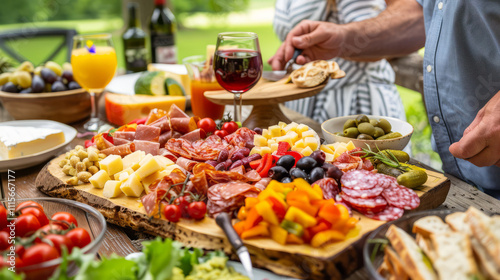 Family enjoys a delightful picnic with a charcuterie board and fresh cheeses in a beautiful outdoor setting