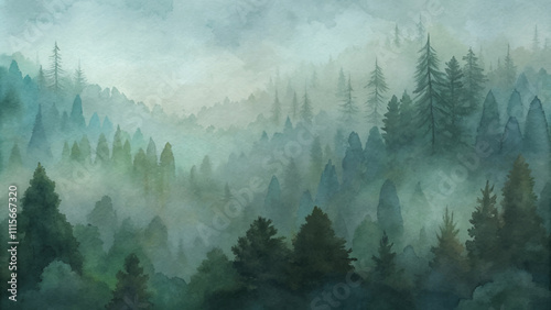A painting of a forest with trees and a misty sky