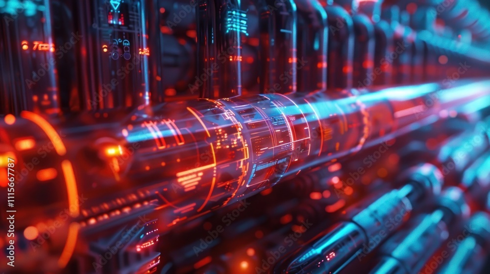 Fototapeta premium A close-up view of illuminated, futuristic pipes with glowing elements and digital displays.