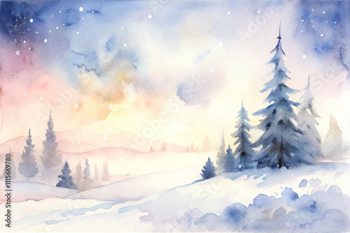 A painting of a snowy landscape with a lone tree in the foreground
