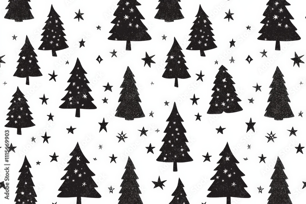 Obraz premium A seamless pattern featuring various black Christmas trees and stars on a white background, ideal for festive-themed designs and decorations. Perfect for holiday projects.