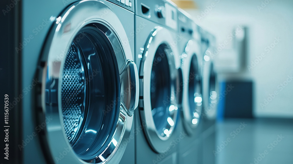 Modern laundromat with rows of industrial washing machines Modern laundromat with rows of industrial washing machines