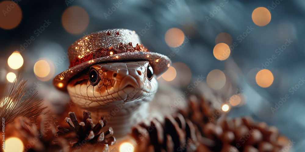 Fototapeta premium Unique lizard wearing a sparkly hat surrounded by festive decorations and pinecones during holiday season