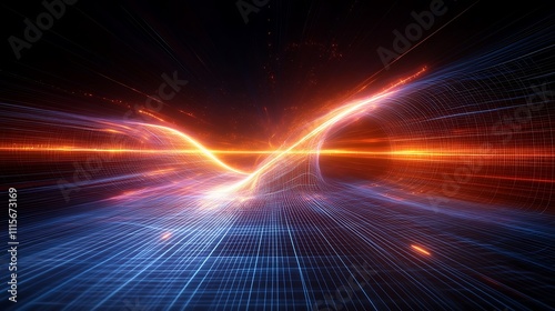 Futuristic Abstract Energetic Waves in Dynamic Motion with Light Trails and Grid Background