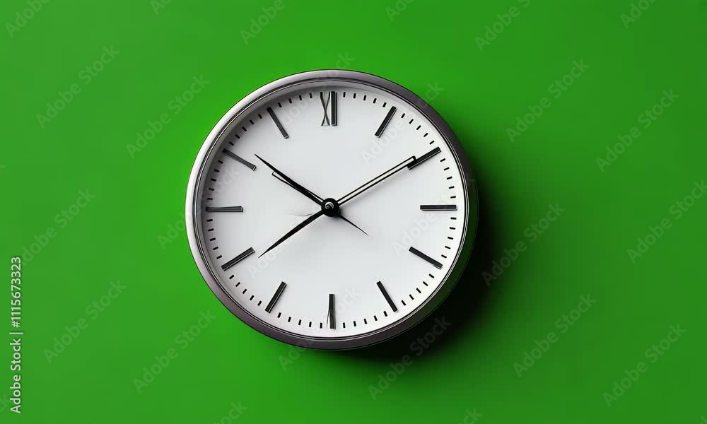 Simple white clock with roman numerals on a green background.