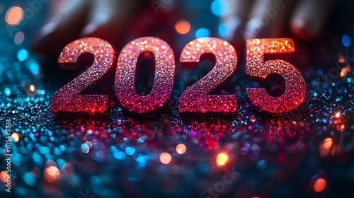 Happy New Year 2025 Number with Red and Blue Lights

