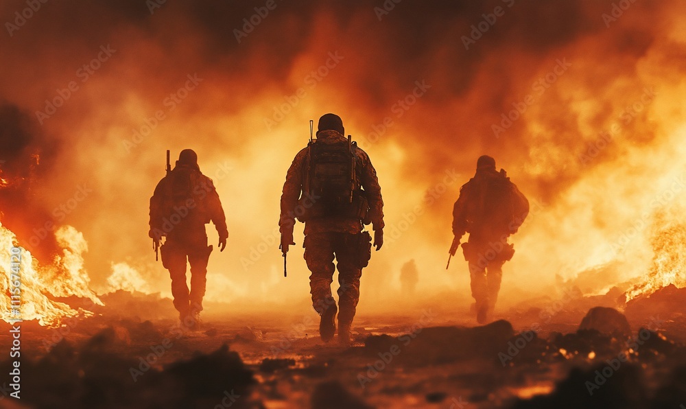 Soldiers walking through flames in a dramatic, war-like scene. Soldiers walking through flames in a dramatic, war-like scene.