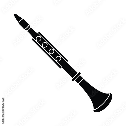 Minimalist black silhouette of a clarinet on a white background.