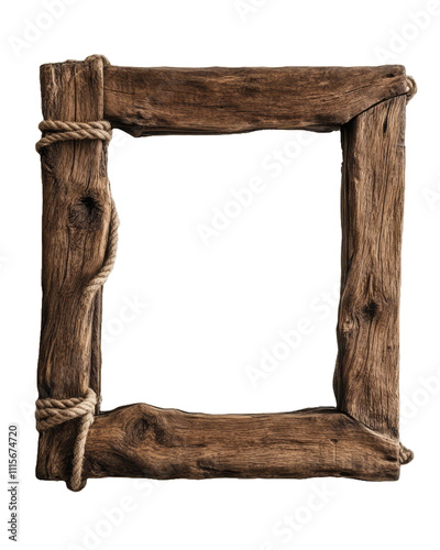 Retro wooden frame with decorative rope and knots on a transparent background