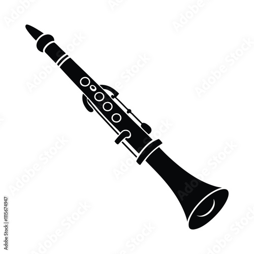 Minimalist black silhouette of a clarinet on a white background.